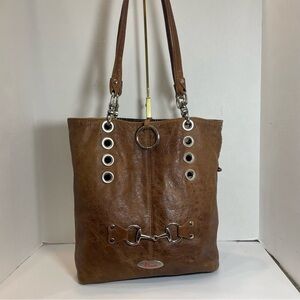 Chouette Reversible Brown Soft Leather/Horse Tapestry Medium Tote Bag.purse.used